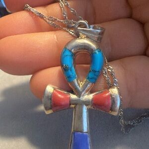 Silver Ankh Pendant with Turquoise and Coral